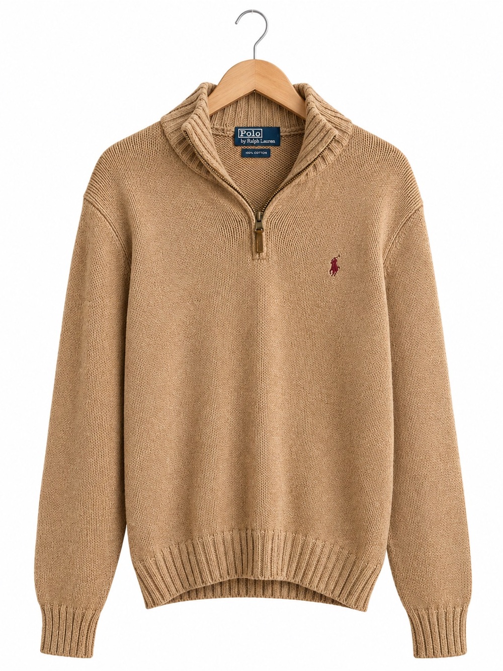 Polo Ralph Lauren Men’s Quarter Zip Sweater Tan Beige 100% Cotton